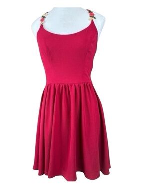 B. DARLIN Halter Mini Dress w/Flower Straps, Deep Red Color, Size 7/8.